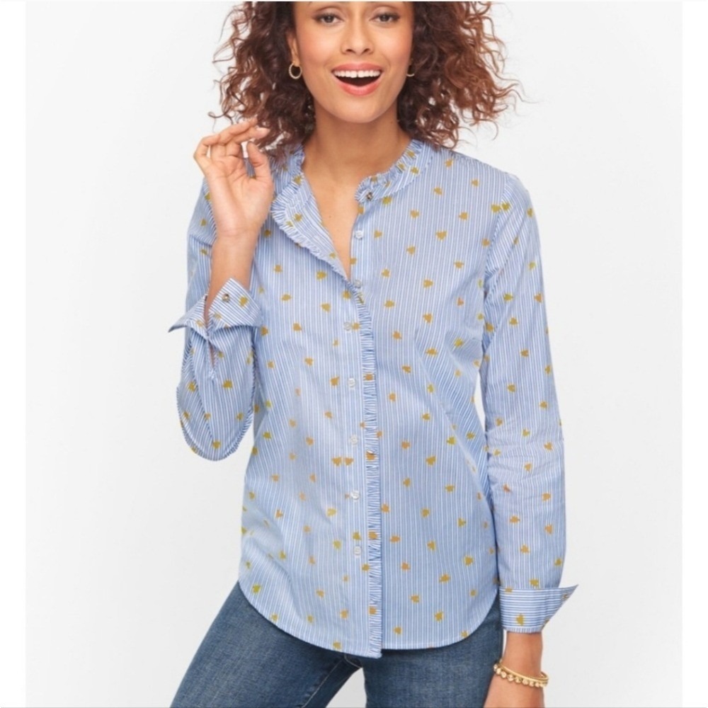 Talbots Blue White Striped Heart Ruffle Collar Button Down Shirt Womens Medium